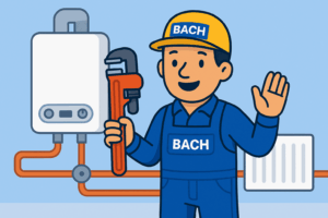 Cartoon-Techniker von BACH Heizungsservice vor Gastherme mit Rohrsystem, in Arbeitskleidung mit Logo und Rohrzange.