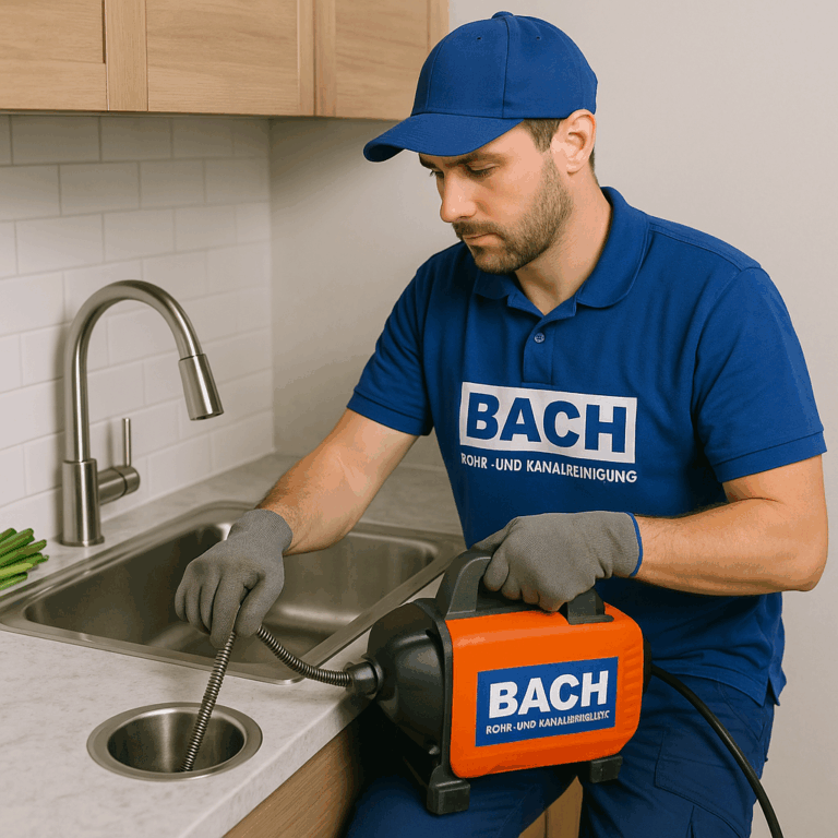 BACH-Techniker reinigt verstopftes Küchenrohr mit Motorspirale.