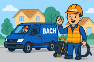 Cartoon-Mitarbeiter von BACH Rohr- und Kanalreinigung vor Servicefahrzeug mit Spiraleinsatz in Wohngegend, mit Logo auf Kleidung und Fahrzeug.