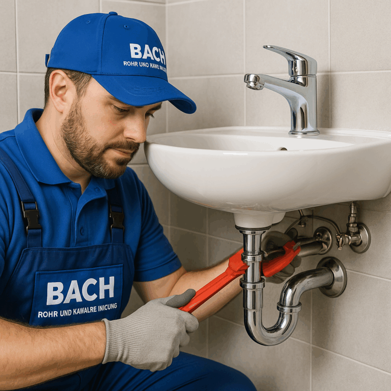 Installateur der BACH Rohr- und Kanalreinigung montiert ein Waschbecken in modernem Badezimmer.