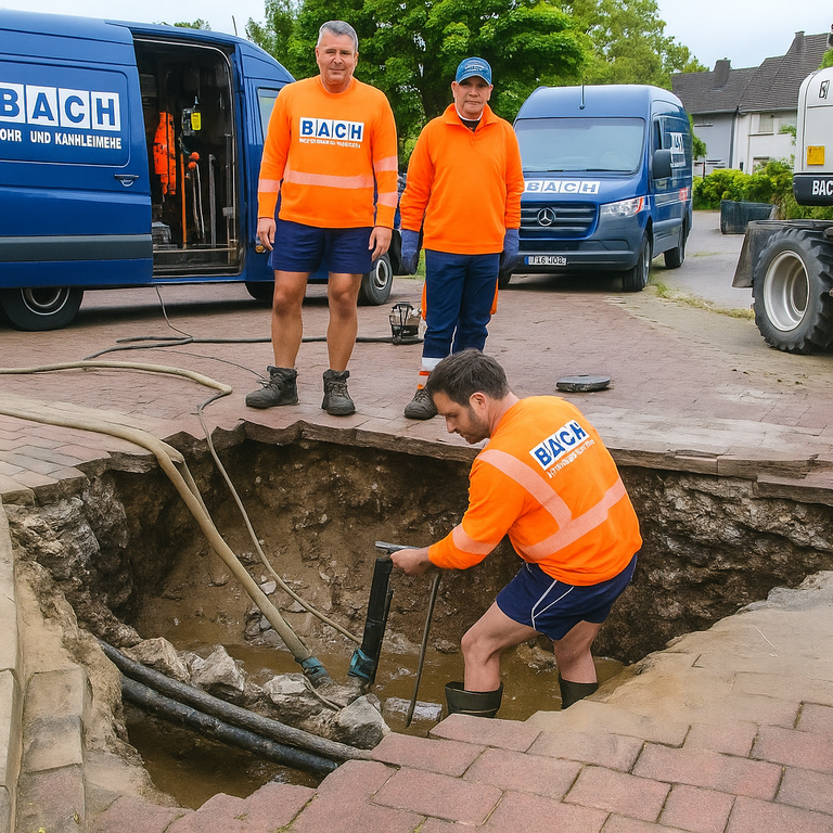 Team der BACH Rohr- und Kanalreinigung bei Erdarbeiten an defekter Leitung