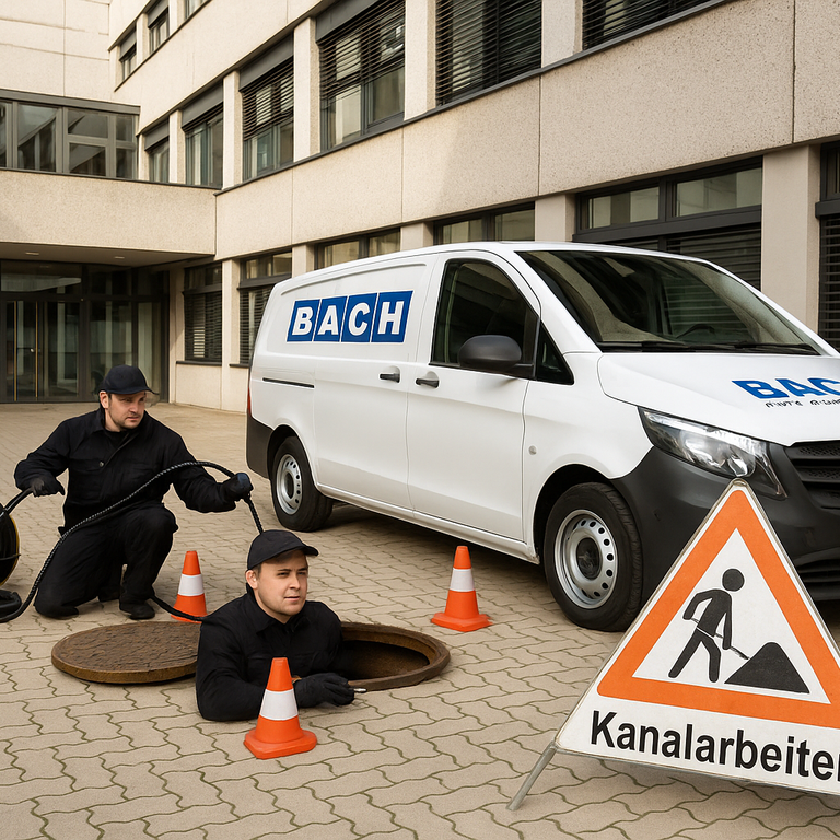 Zwei Fachkräfte der BACH Rohr- und Kanalreinigung bei Kanalarbeiten mit Servicefahrzeug