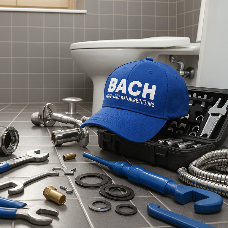 Werkzeuge und BACH-Logo auf Fliesen – Einsatzbereit für Rohrreinigung in Berlin
